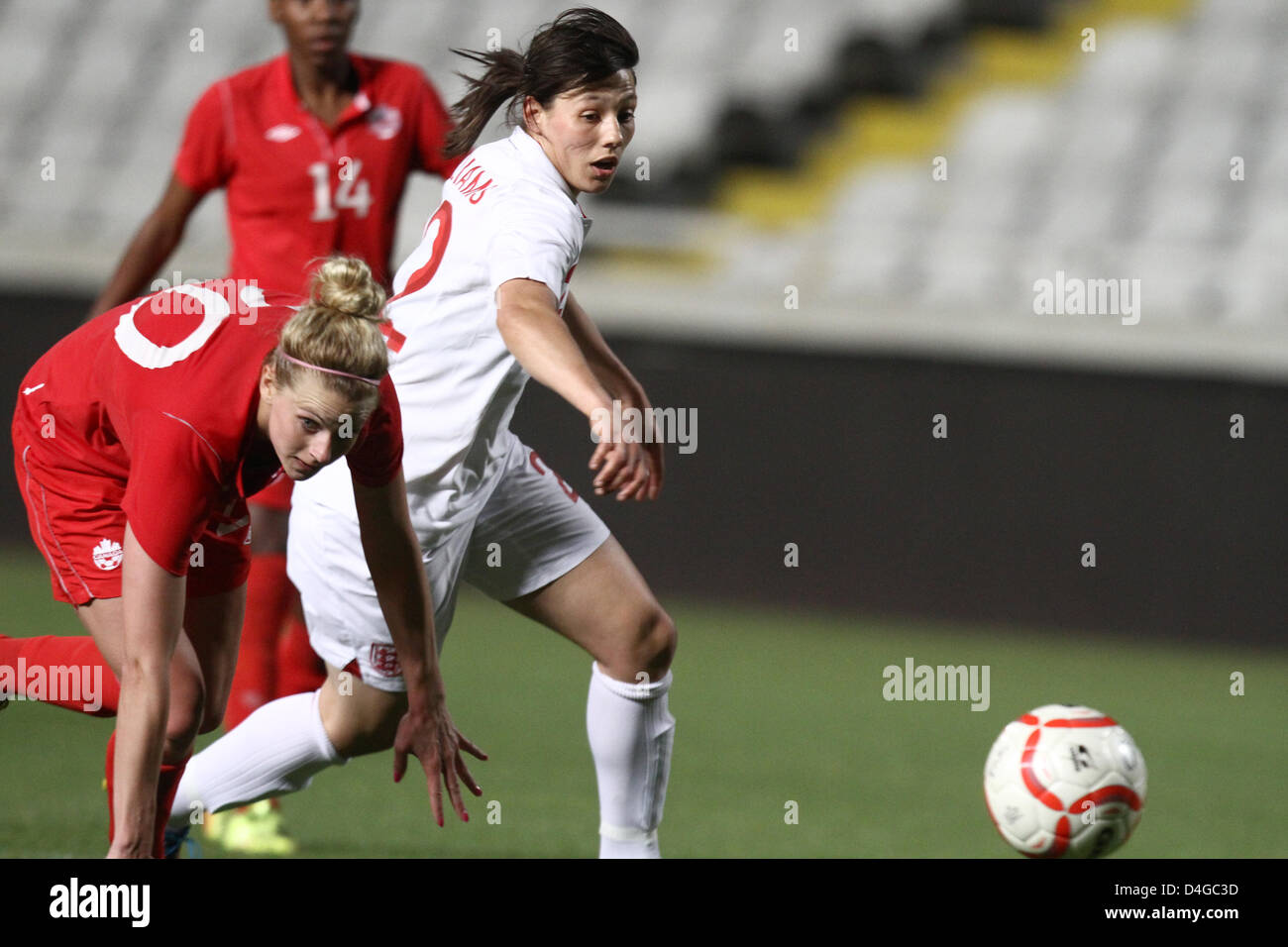 CYPRUS,NICOSIA-MARCH 9:Rachel Williams  during the game between England and Canada for the Final of Cyprus Football Womens Cup in Nicosia on March 13,2013 Stock Photo