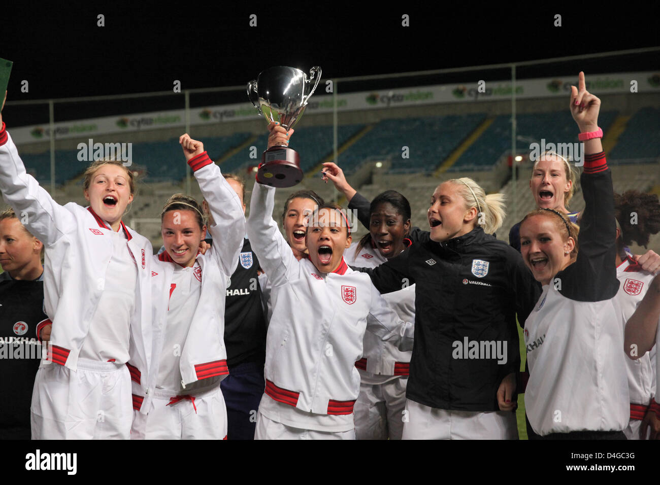 CYPRUS,NICOSIA-MARCH 9:Women National football team of England celebrate their win  during the game between England and Canada for the Final of Cyprus Football Womens Cup in Nicosia on March 13,2013 Stock Photo