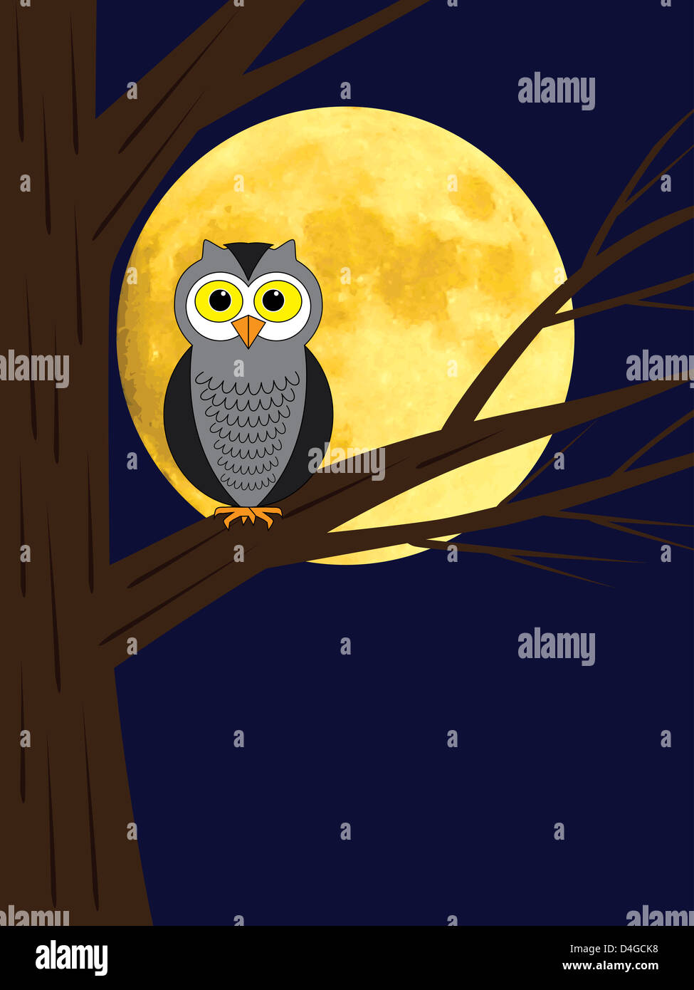 cartoon owl sitting on a branch of tree over full moon Stock Photo