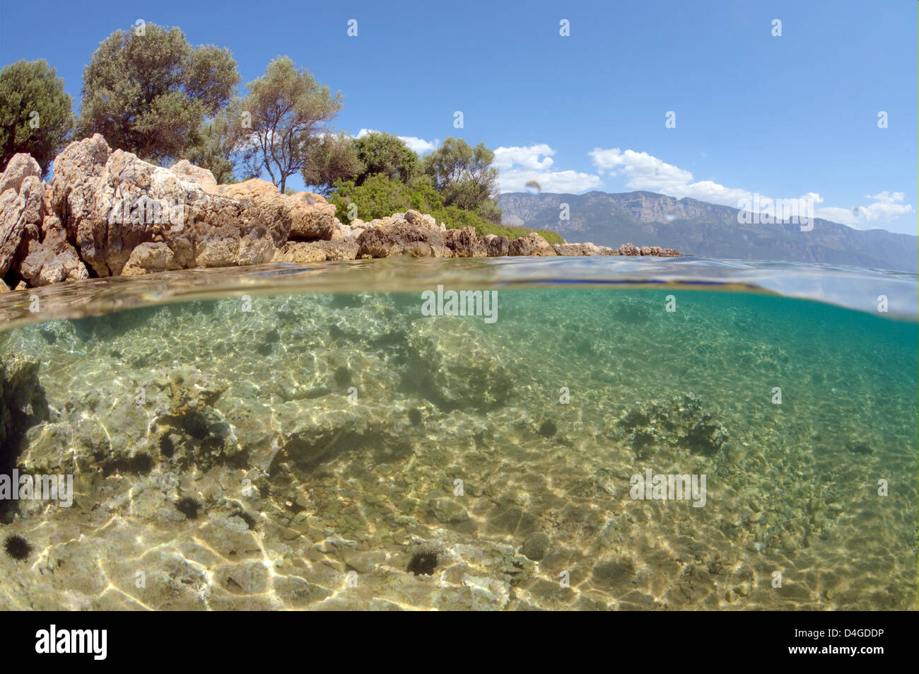 Split level, underwater landscape, Cleopatra island (Sedir Island), Aegean Sea, Turkey Stock Photo