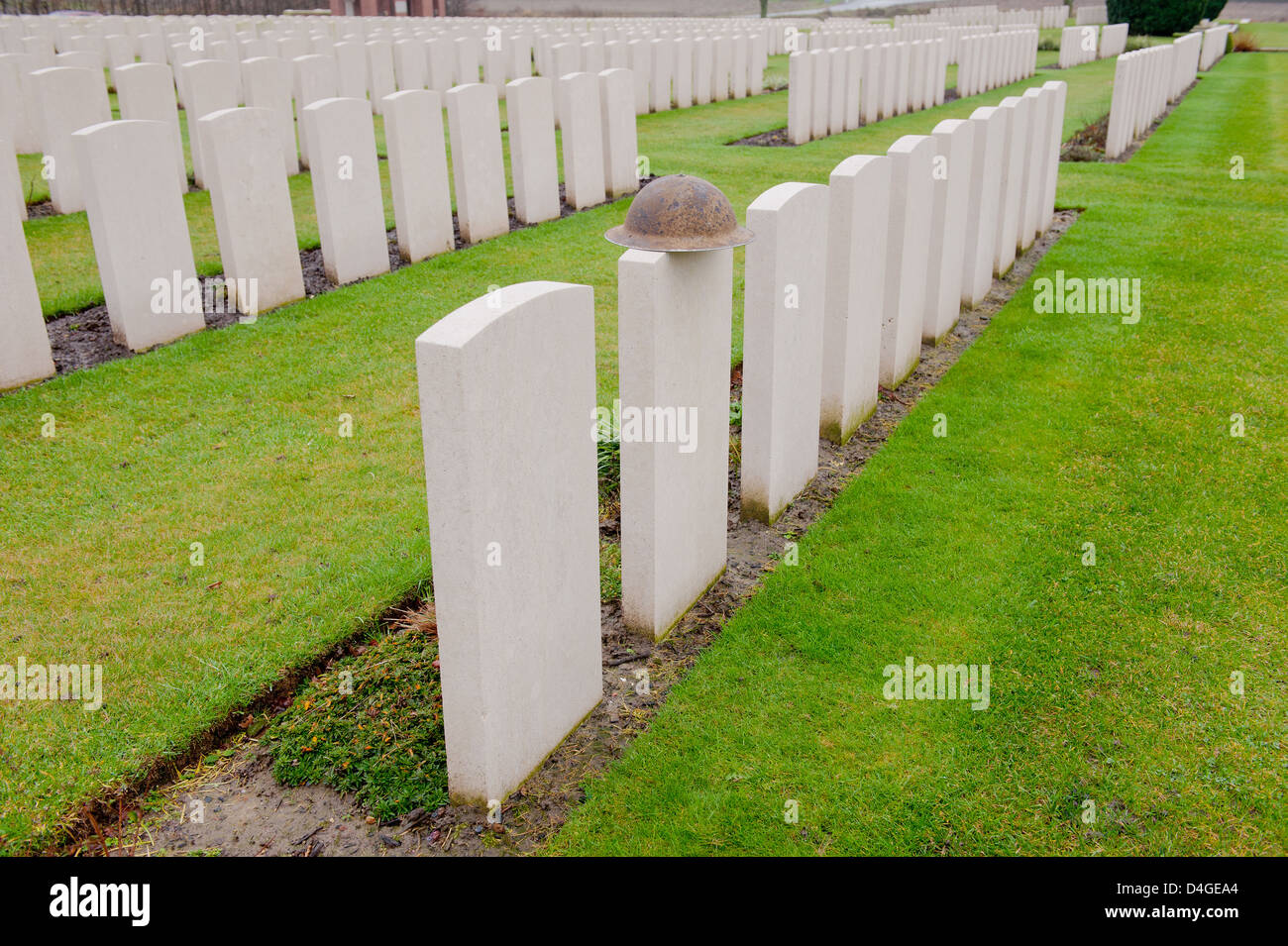 Blank headstones at a Commonwealth Military Cemetery in Belgium. One of ...