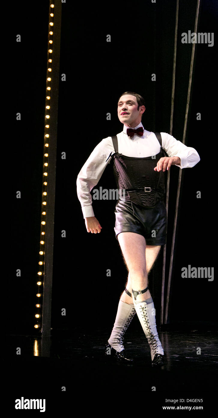 Will Young as Emcee in CABARET at the Savoy Theatre, London in 2012 book:  Joe Masteroff music: John Kander lyrics: Fred Ebb design: Katrina Lindsay  lighting: Mark Howett choreography: Javier de Frutos