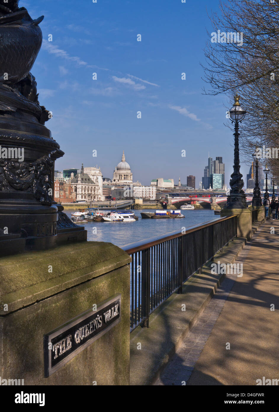 The Queen's Walk South Bank with River Thames St Paul's Cathedral and City of  London UK Stock Photo