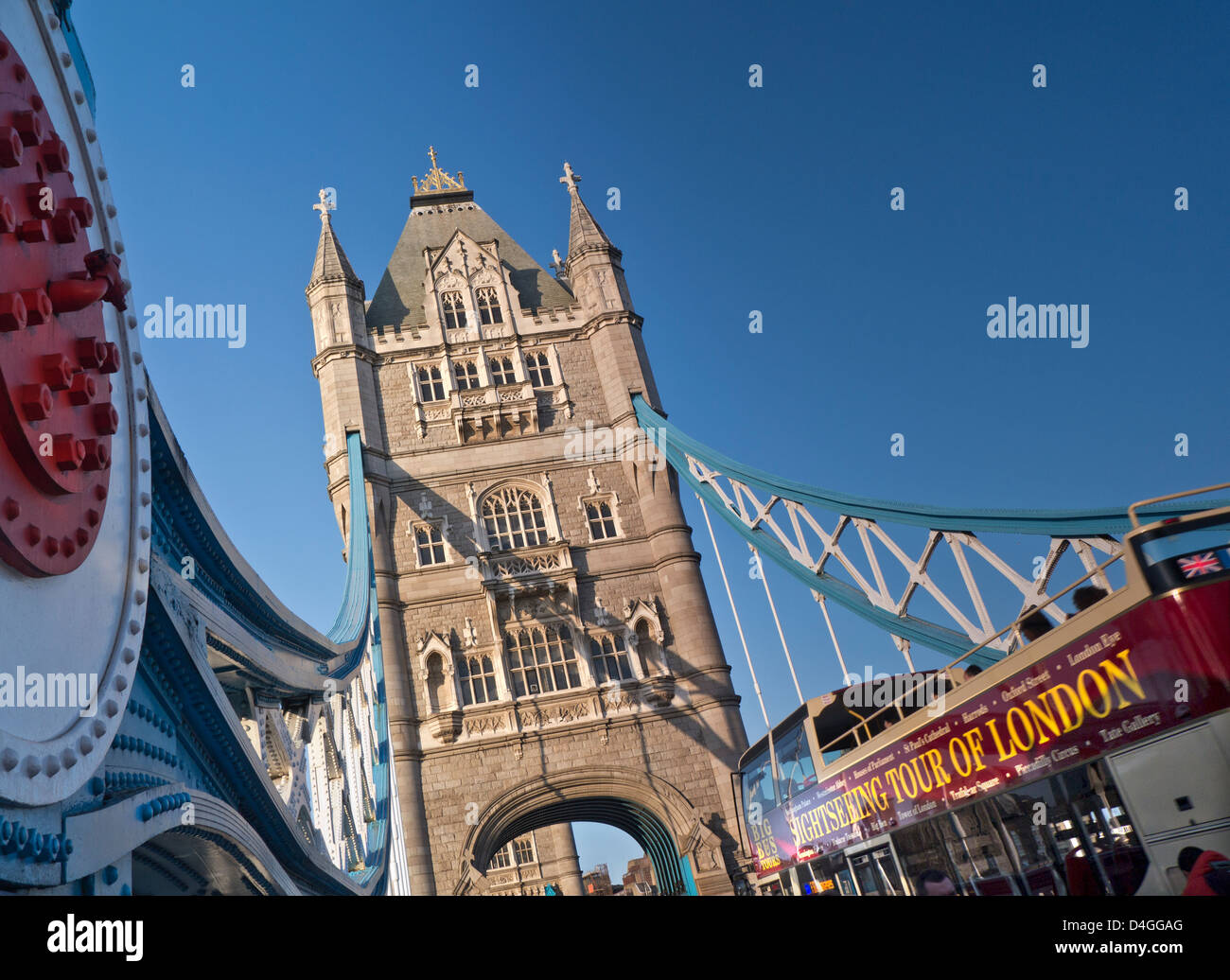 London Staycation Tower Bridge and official tourist 'Tour of London' bus Southwark London UK Stock Photo
