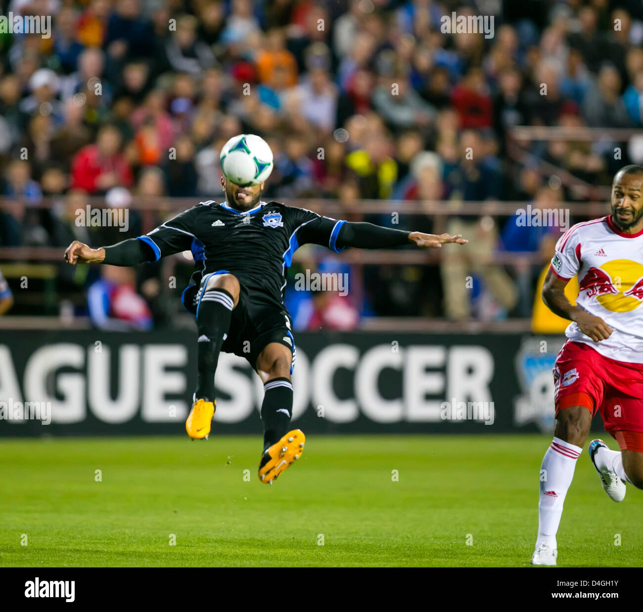 March 10, 2013: San Jose Earthquakes defender Victor Bernardez (26) bicycle kicks a ball during the MLS game between the New York Red Bulls and the San Jose Earthquakes at Buck Shaw Stadium in Santa Clara CA. San Jose defeated New York 2-1. Stock Photo