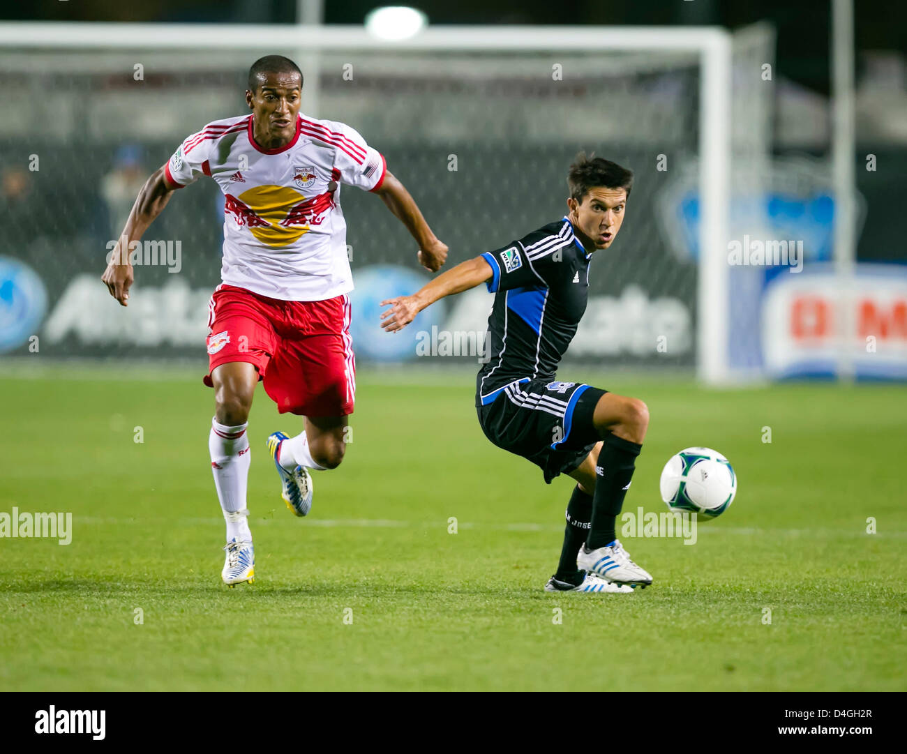 March 10, 2013: New York Red Bulls defender Roy Miller (7) and San Jose Earthquakes midfielder Shea Salinas (6) in action during the MLS game between the New York Red Bulls and the San Jose Earthquakes at Buck Shaw Stadium in Santa Clara CA. San Jose defeated New York 2-1. Stock Photo
