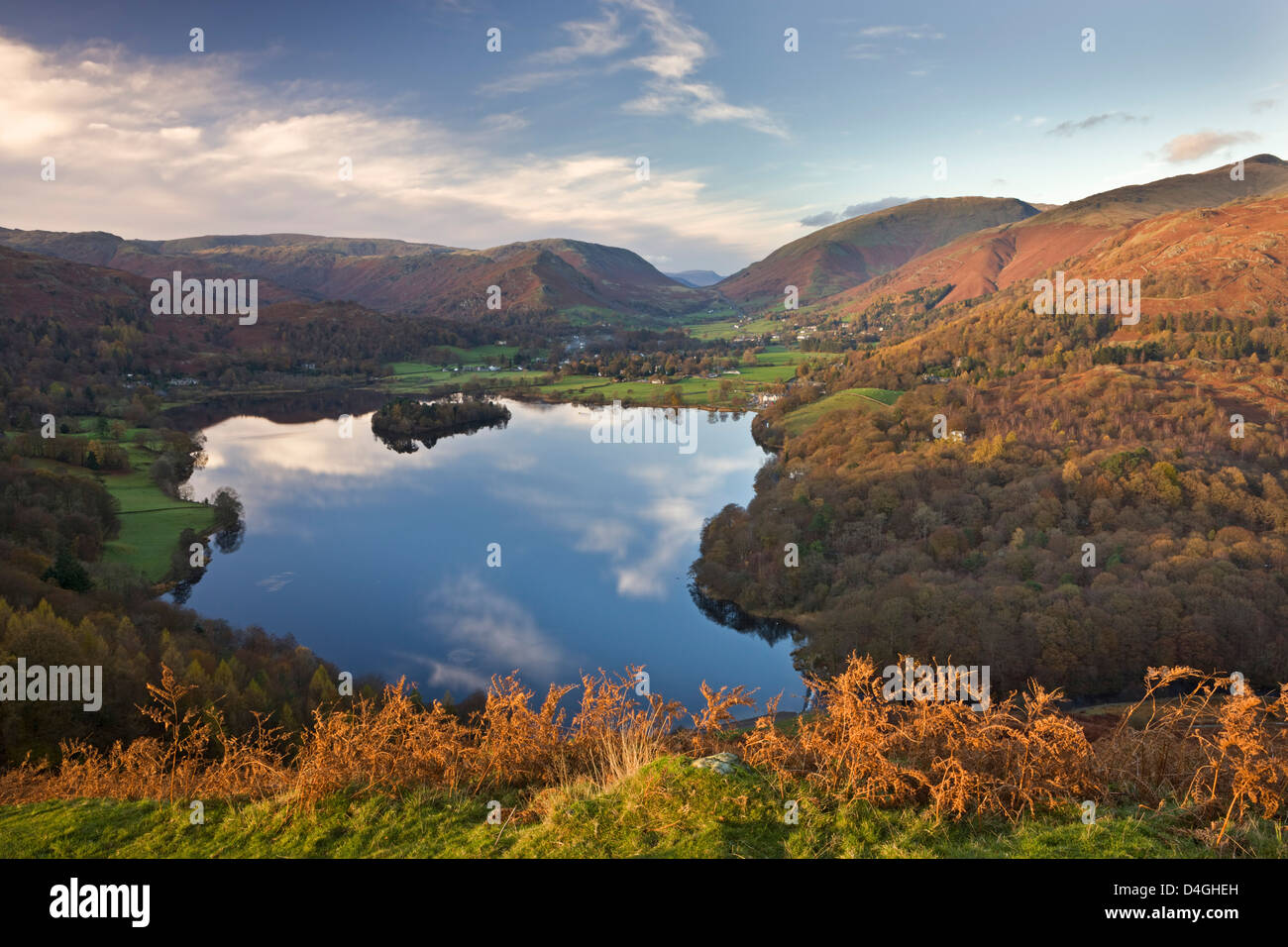 Vista down towards Lake Grasmere from Loughrigg Fell, Lake District, Cumbria. Autumn (November) 2009 Stock Photo