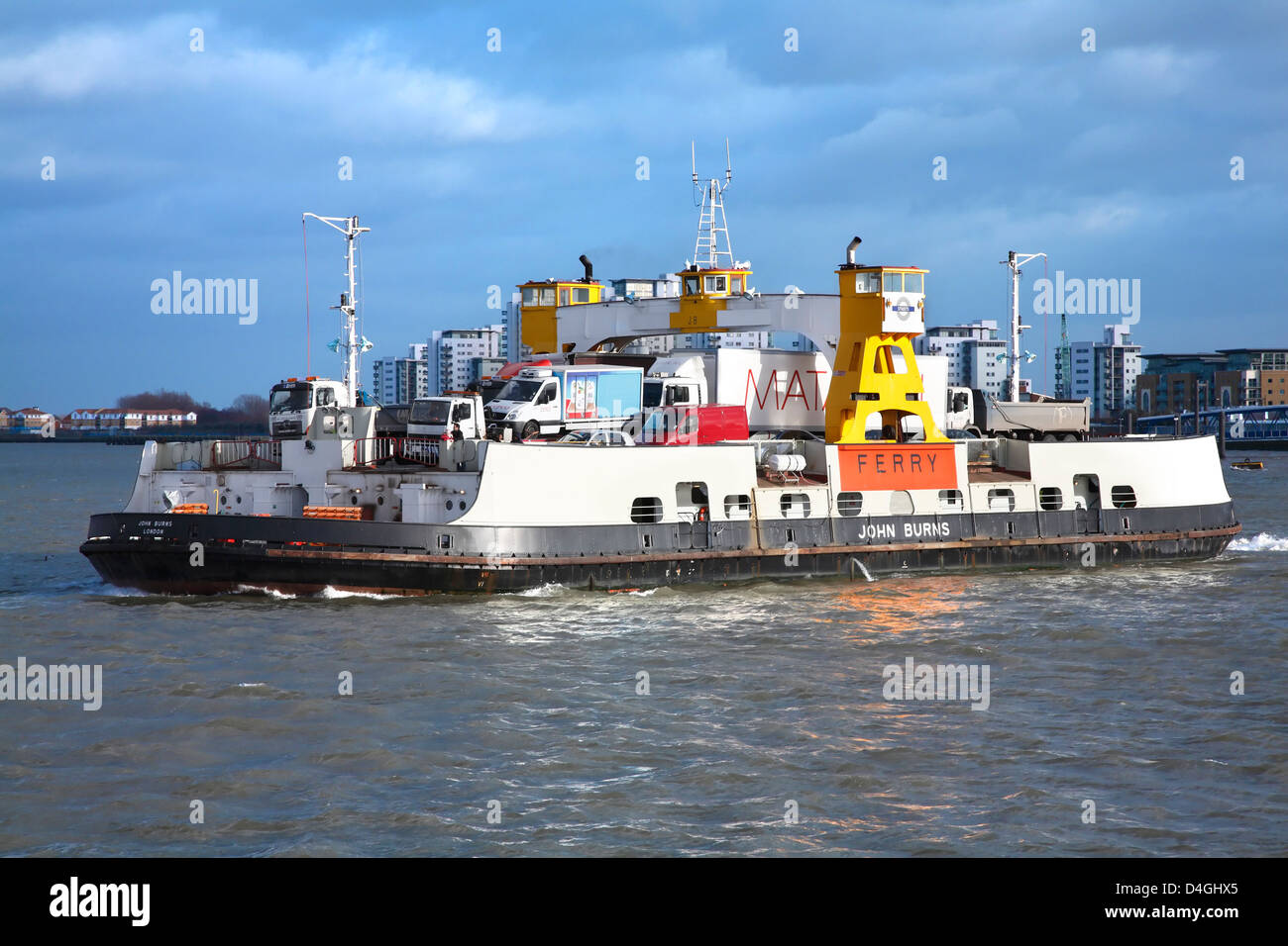 Woolwich Ferry, John Burns, crosses the Thames between Woolwich and North Woolwich. Stock Photo