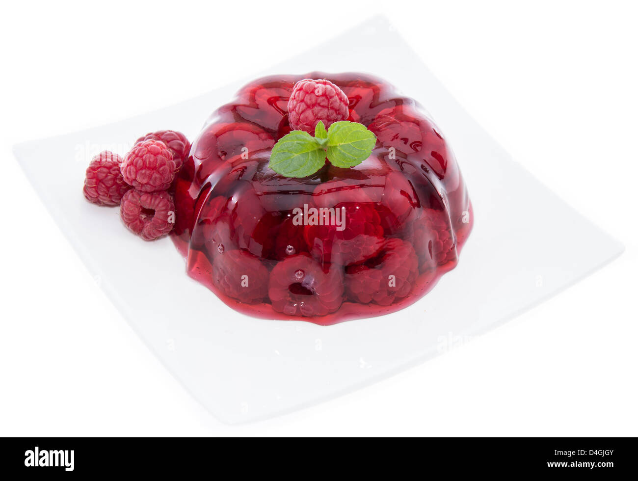 Raspberry Jello With Fresh Fruits Isolated On White Background Stock 