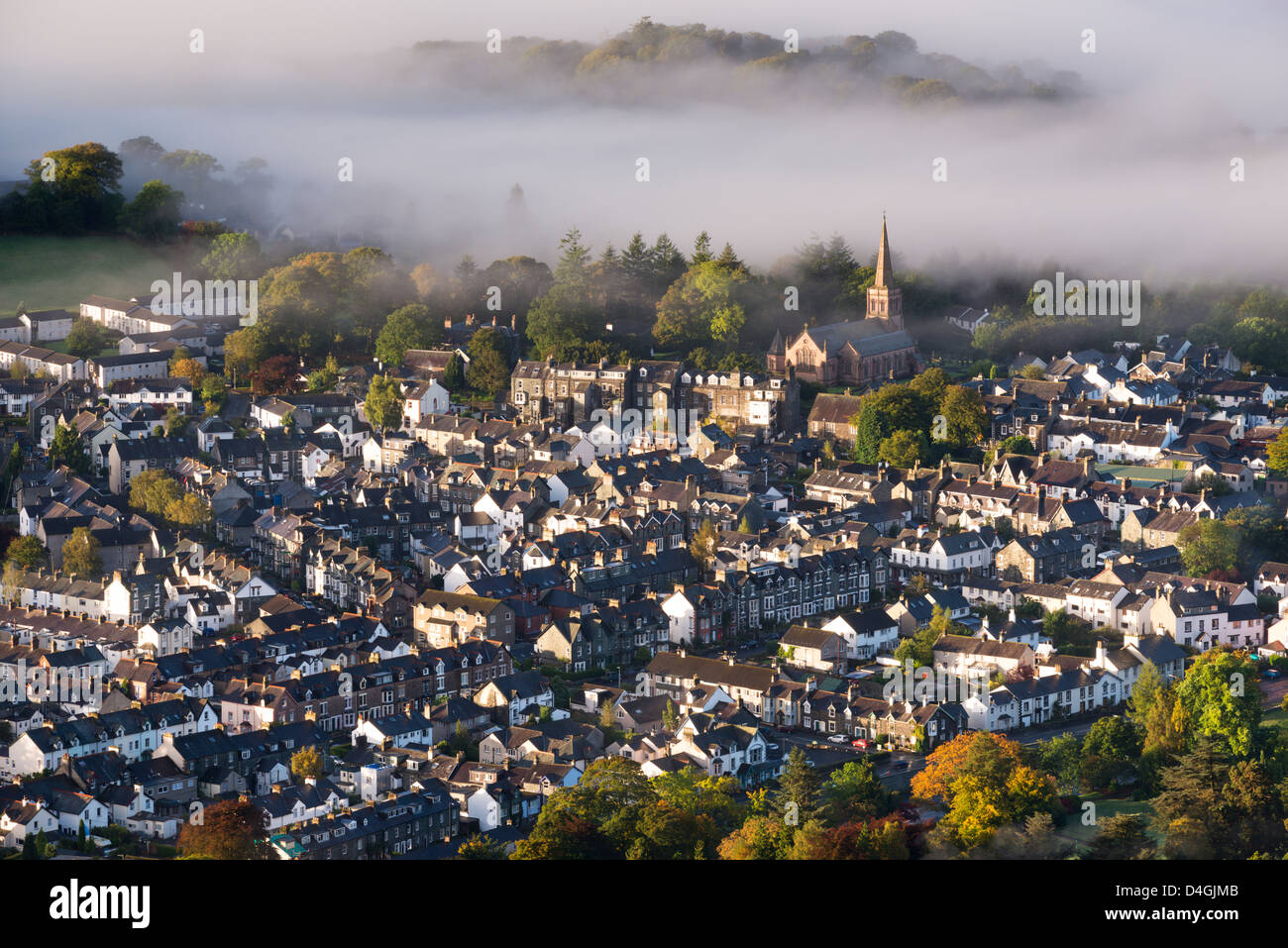 Aerial view of Keswick in the Lake District National Park, Cumbria, England. Autumn (October) 2012. Stock Photo