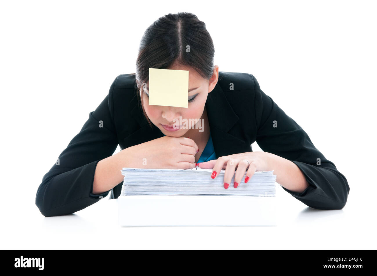 Tired businesswoman resting on folder, portrait Stock Photo - Alamy
