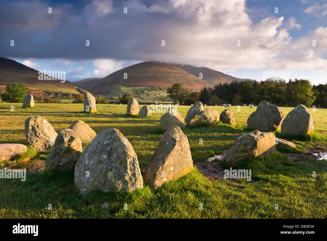 Castlerigg Stone Circle with Blencathra mountain behind, Lake District, Cumbria, England. Autumn (October) 2012. Stock Photo