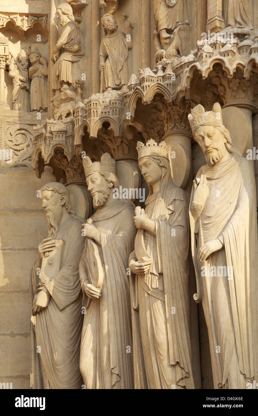 French Gothic. Statues on the West Front of Notre Dame Cathedral. They