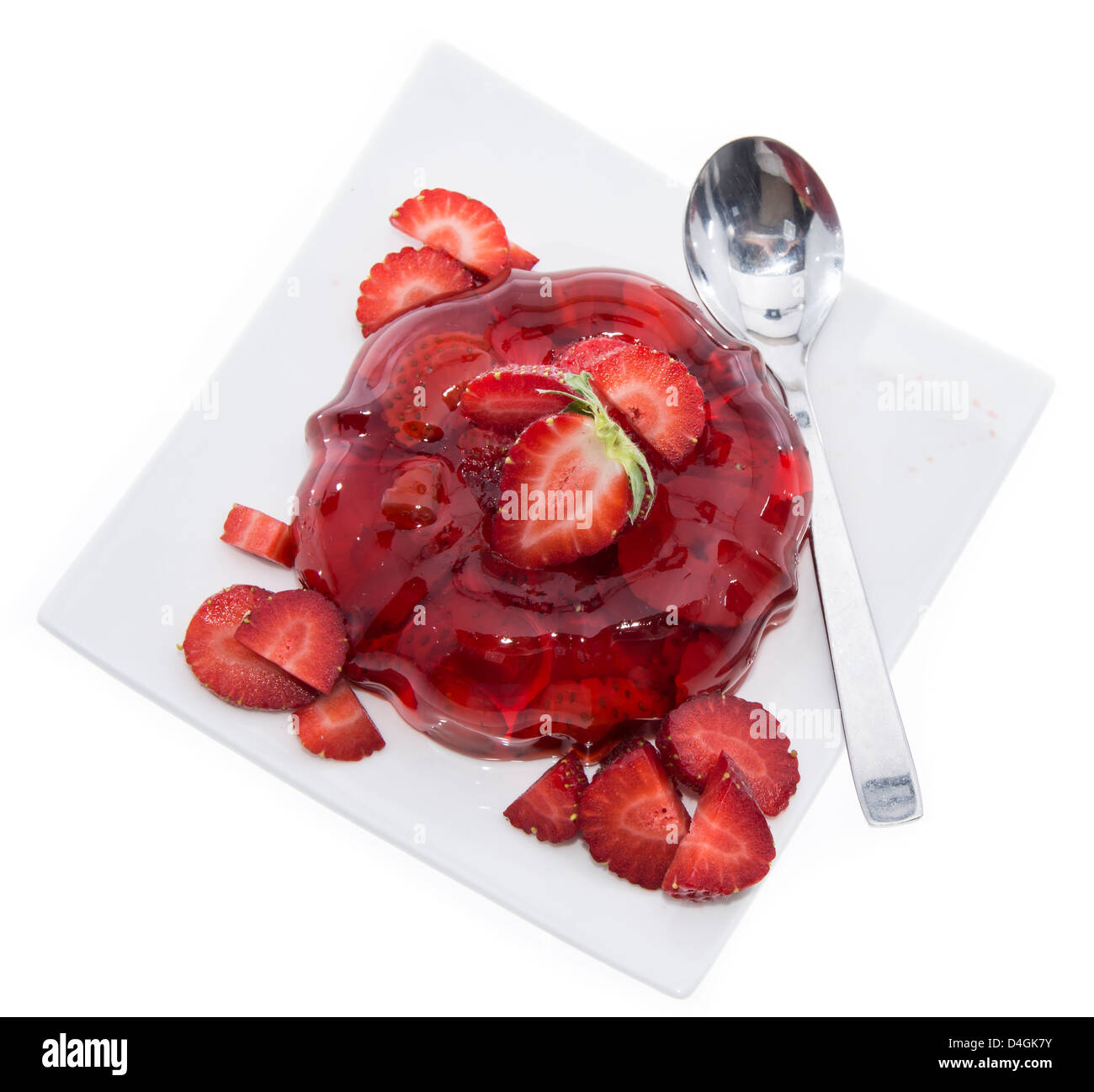 Strawberry Jello with fresh fruits isolated on white backround Stock