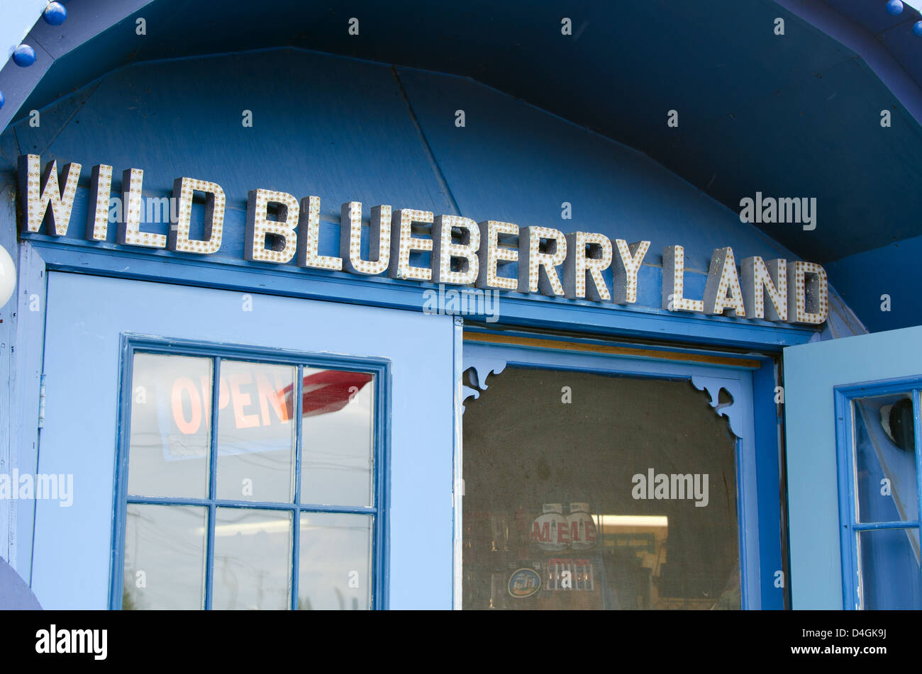 The entrance to Wild Blueberry Land, a roadside attraction in Downeast Maine. Stock Photo