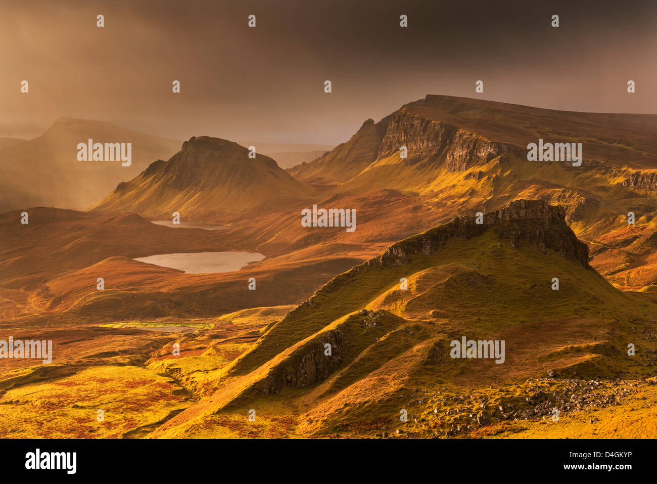 Spectacular light over the Trotternish Range from the Quiraing in the Isle of Skye, Scotland. Winter (November) 2012. Stock Photo