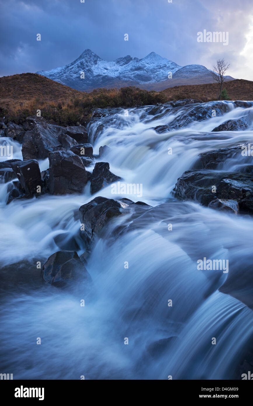 Waterfall on the River Sligachan with Sgurr nan Gillean mountain in the background, Isle of Skye, Scotland. Stock Photo