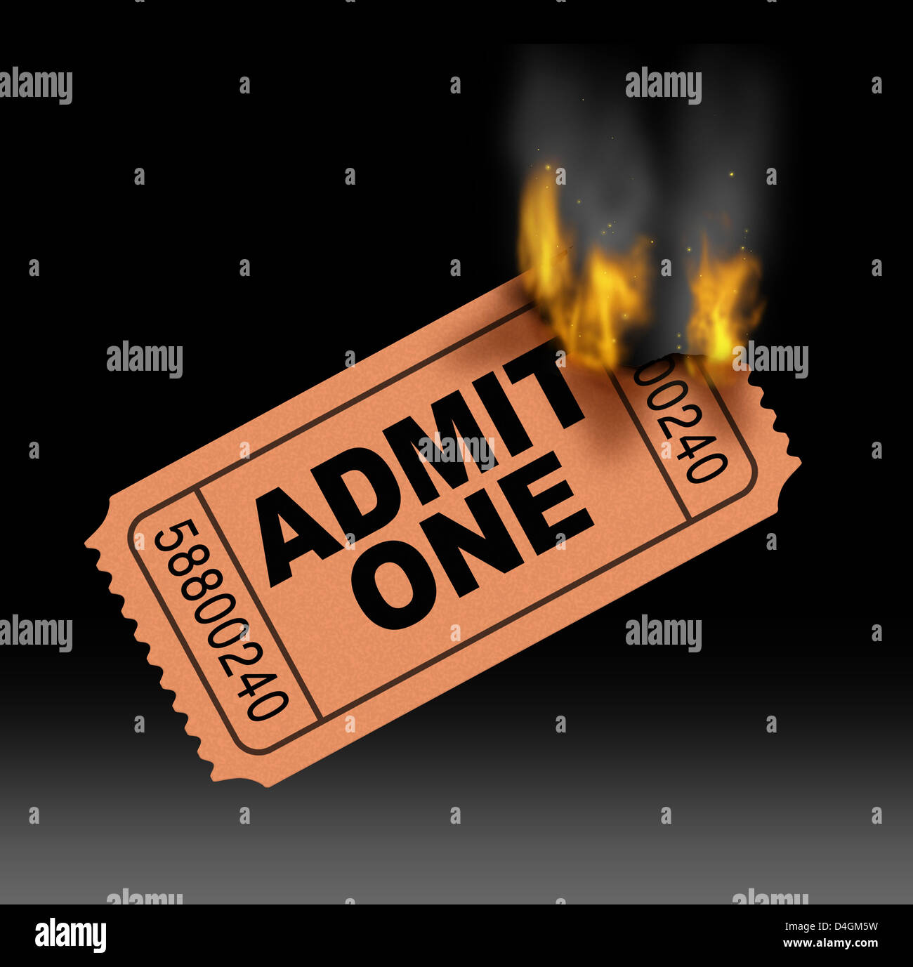 Hot ticket entertainment concept with a best selling admit one paper entrance stub burning in flames with fire and smoke as a symbol of very popular in demand movie and cinema media. Stock Photo