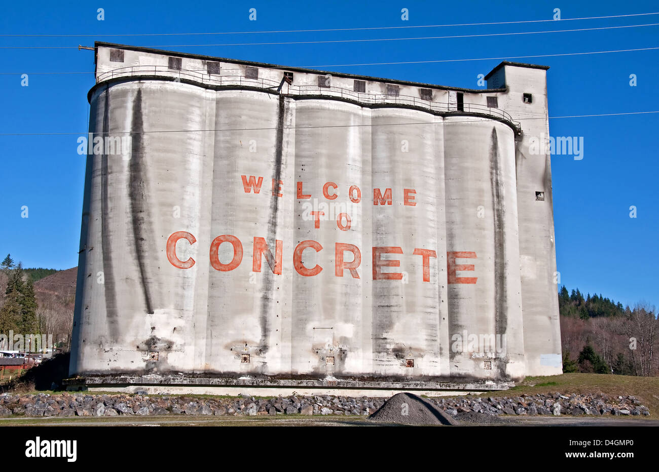 arge concrete silo is the official town sign of Concrete