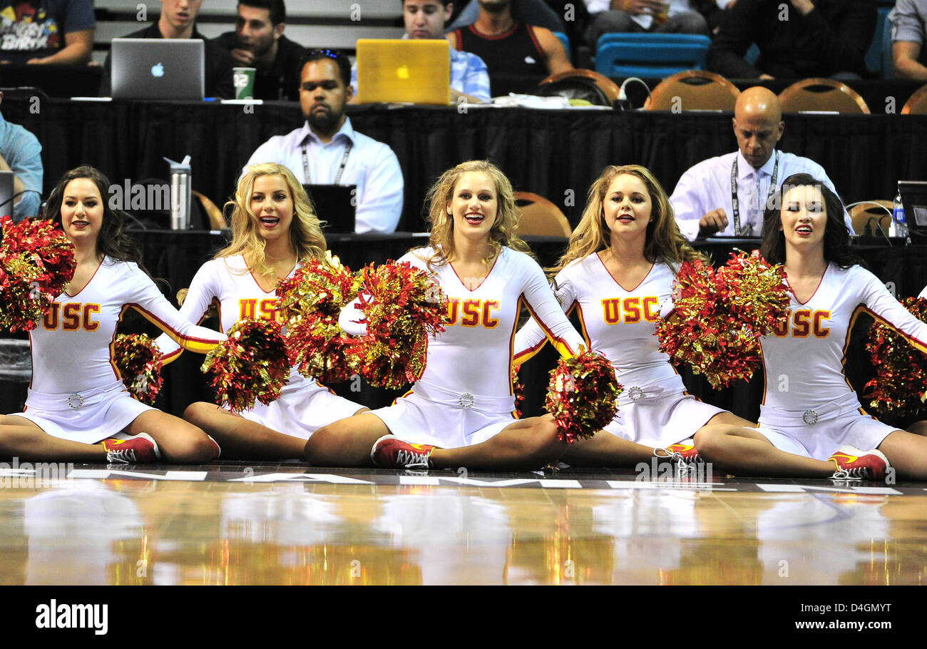 March 13, 2013: Cheerleaders of USC during the NCAA basketball game between  the , NV John Green/CSM Utah Utes and the USC Trojans at the MGM Grand  Garden Arena in Las Vegas