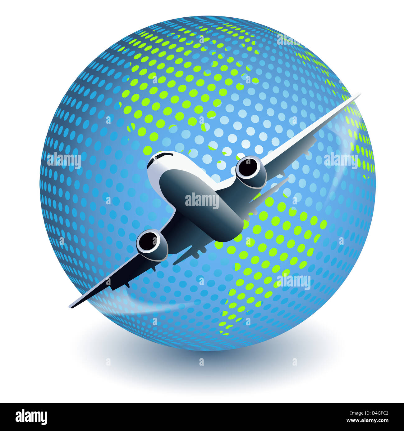 illustration, plane on blue globe on white background Stock Photo - Alamy