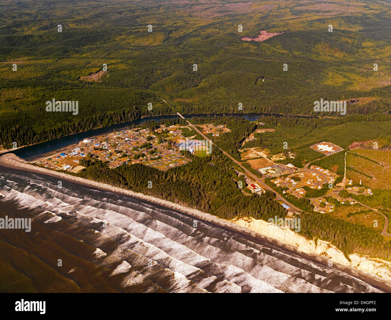 An aerial photo of the small community of Taholah on the Washington