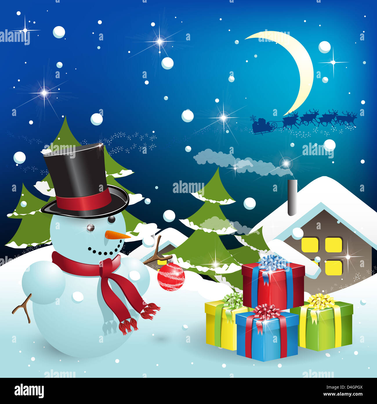 illustration, snowman with gift on background night sky Stock Photo - Alamy