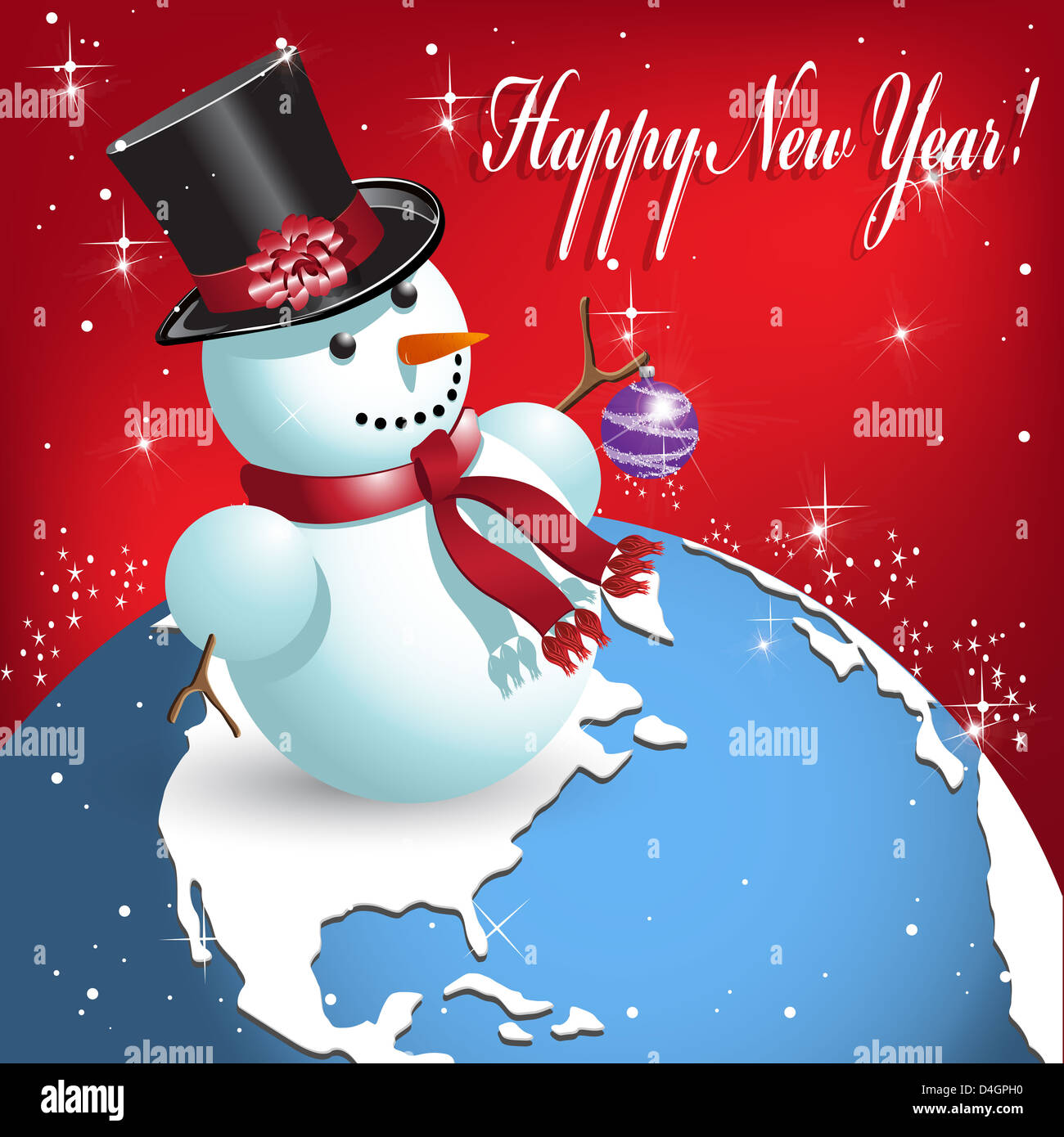 illustration, snowman on blue globe on red background Stock Photo