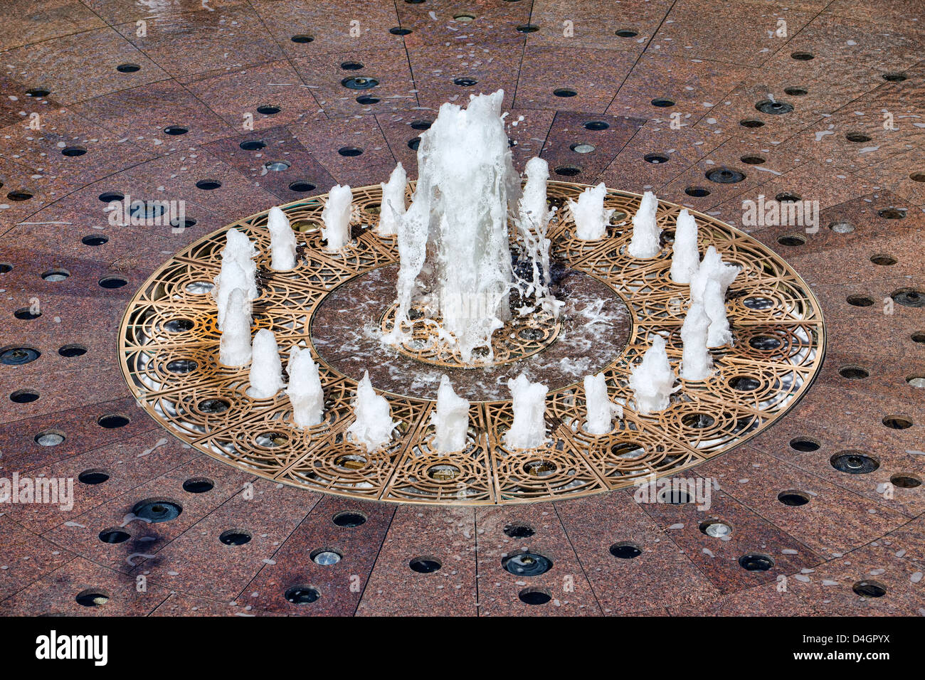 Water fountain shopping mall. Decorative fountain with dancing water in