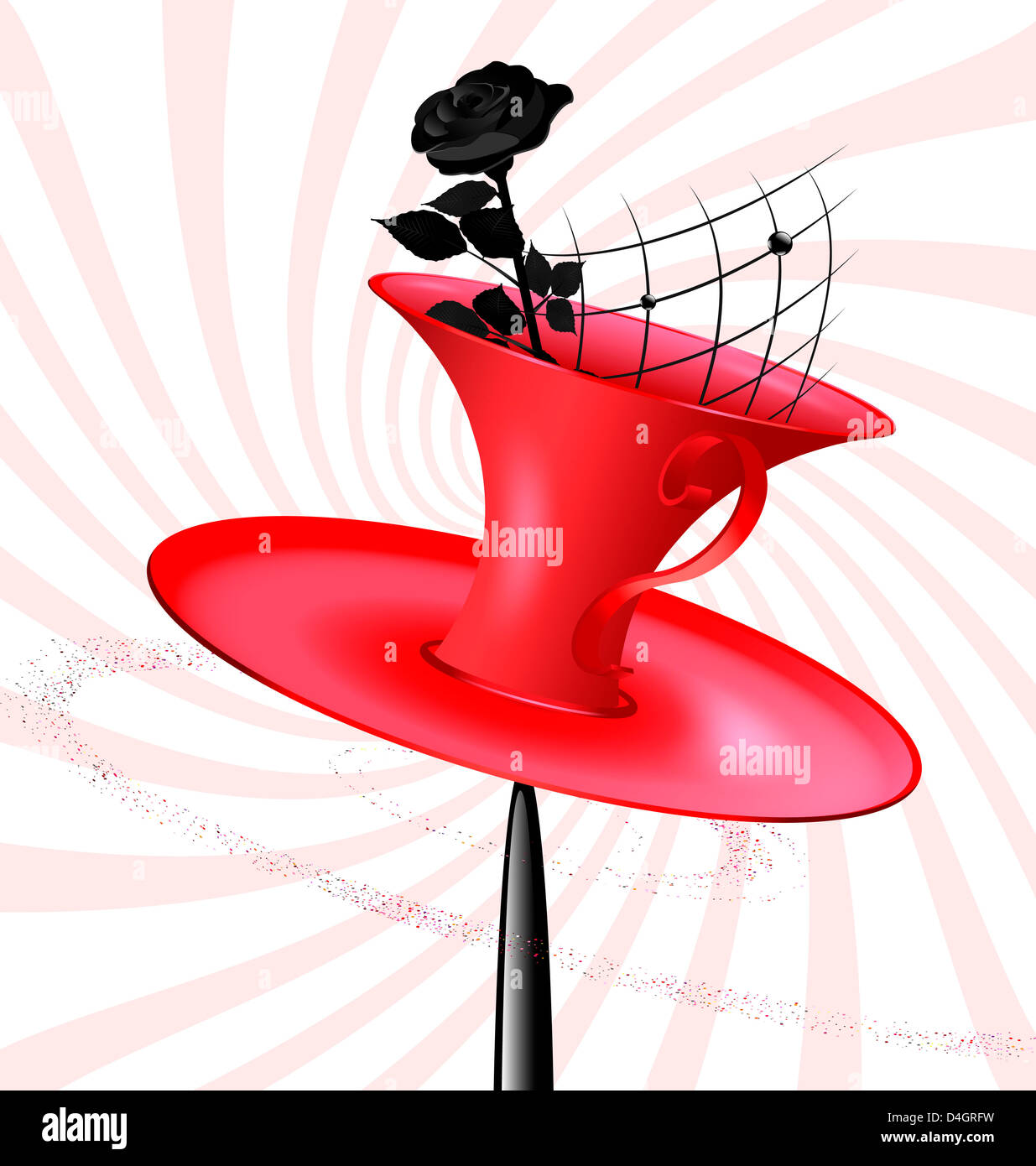 red rotating cup with black rose inside Stock Photo