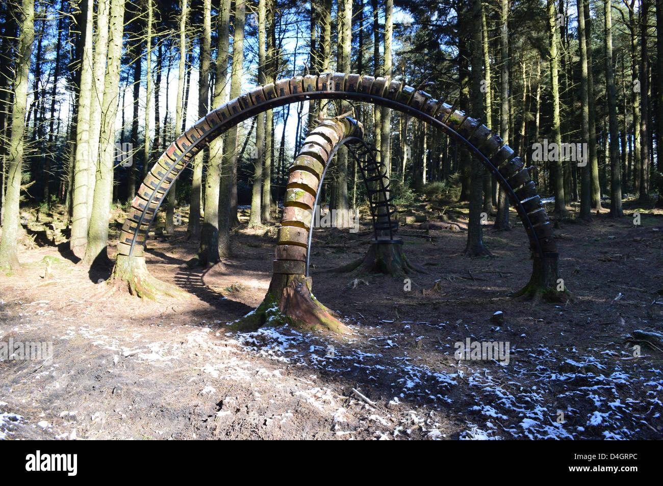 Wooden Sculptures from the Pendle Sculpture Trail in Aitken Wood near Barley in Lancashire Stock