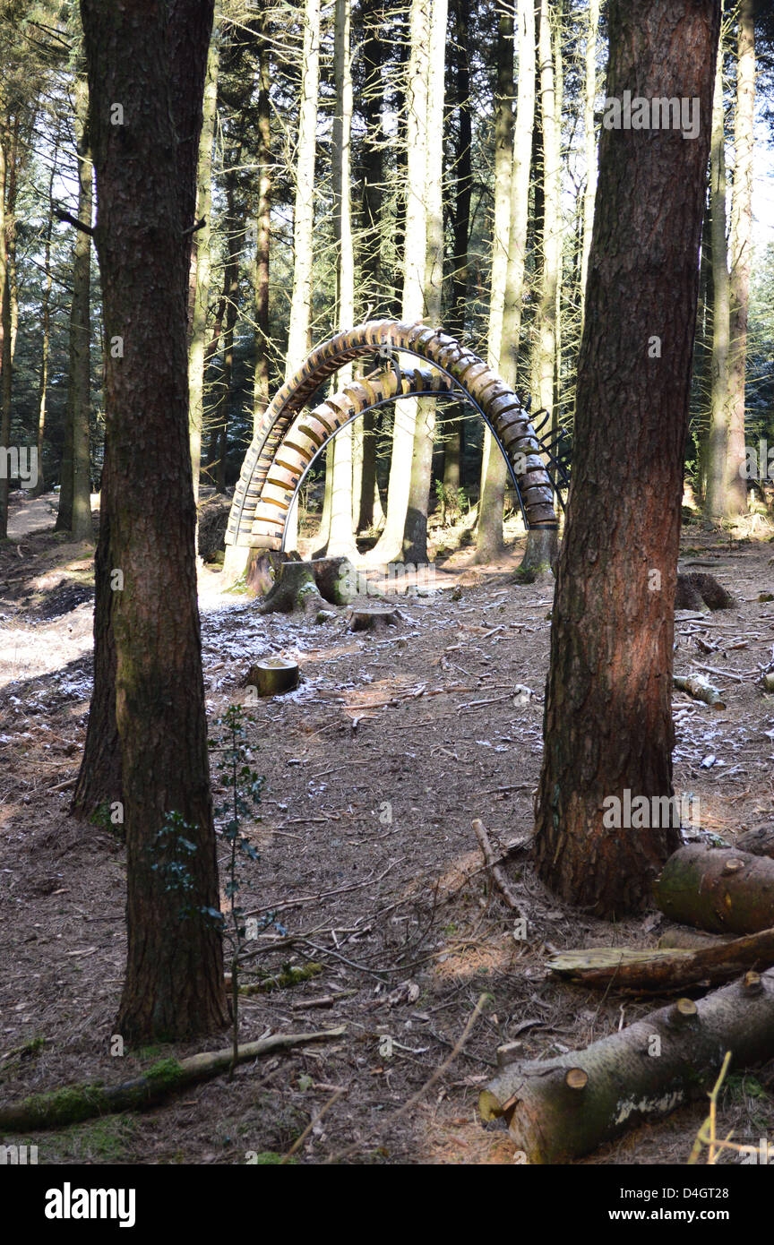 Wooden Sculptures from the Pendle Sculpture Trail in Aitken Wood near Barley in Lancashire Stock