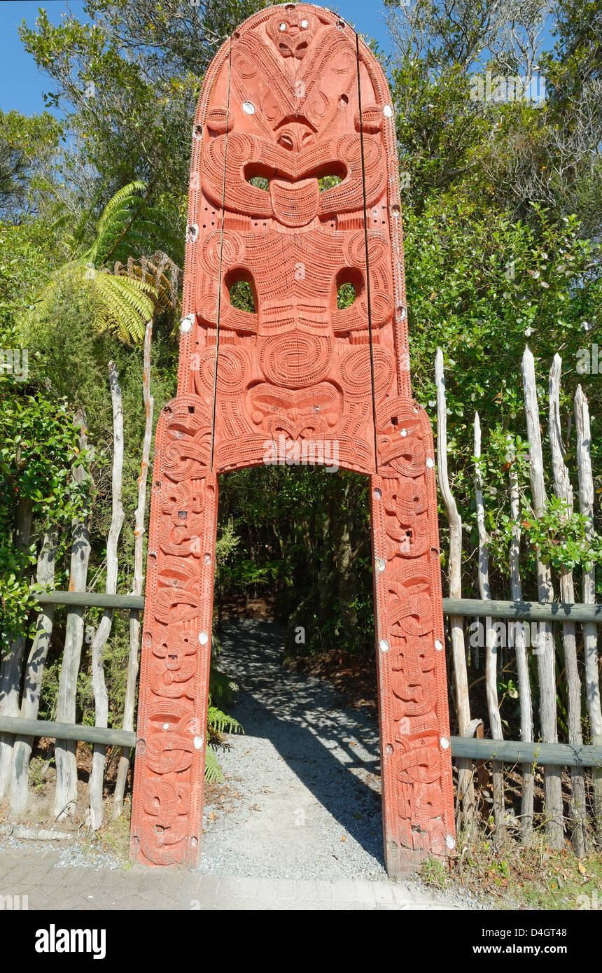 Maori door entrance, Te Puia, Rotorua, North Island, New Zealand Stock Photo