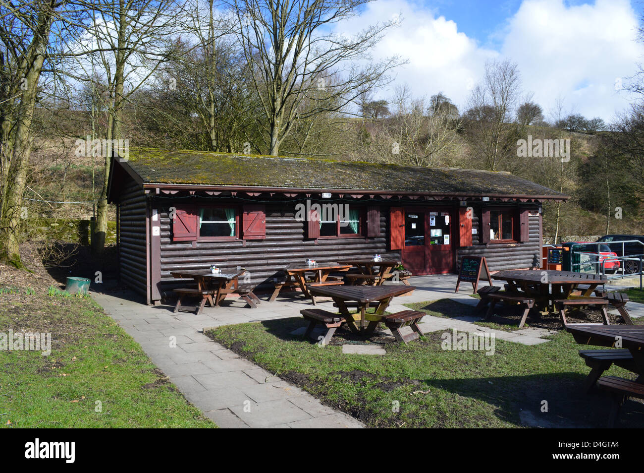 The Log Cabin in the corner of the car park in the village of Barley  Lancashire in winter sunshine Stock Photo - Alamy