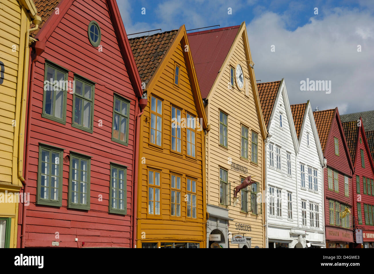 Wooden buildings on the waterfront, Bryggen, Vagen harbour, UNESCO World Heritage site, Bergen, Hordaland, Norway, Scandinavia Stock Photo
