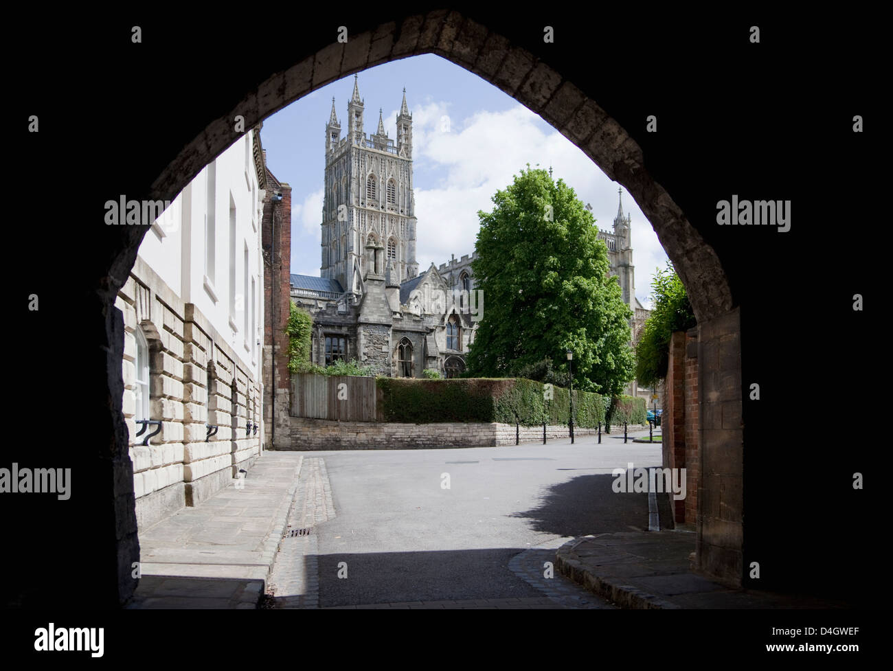 Gloucester Cathedral from the northwest, seen from St. Marys Gate, Gloucester, Gloucestershire, England, UK Stock Photo