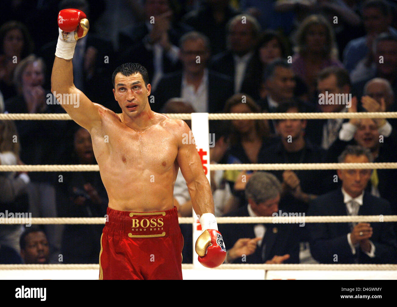 Ukrainian heavyweight boxer Vladimir Klitschko jubilates after his K.O