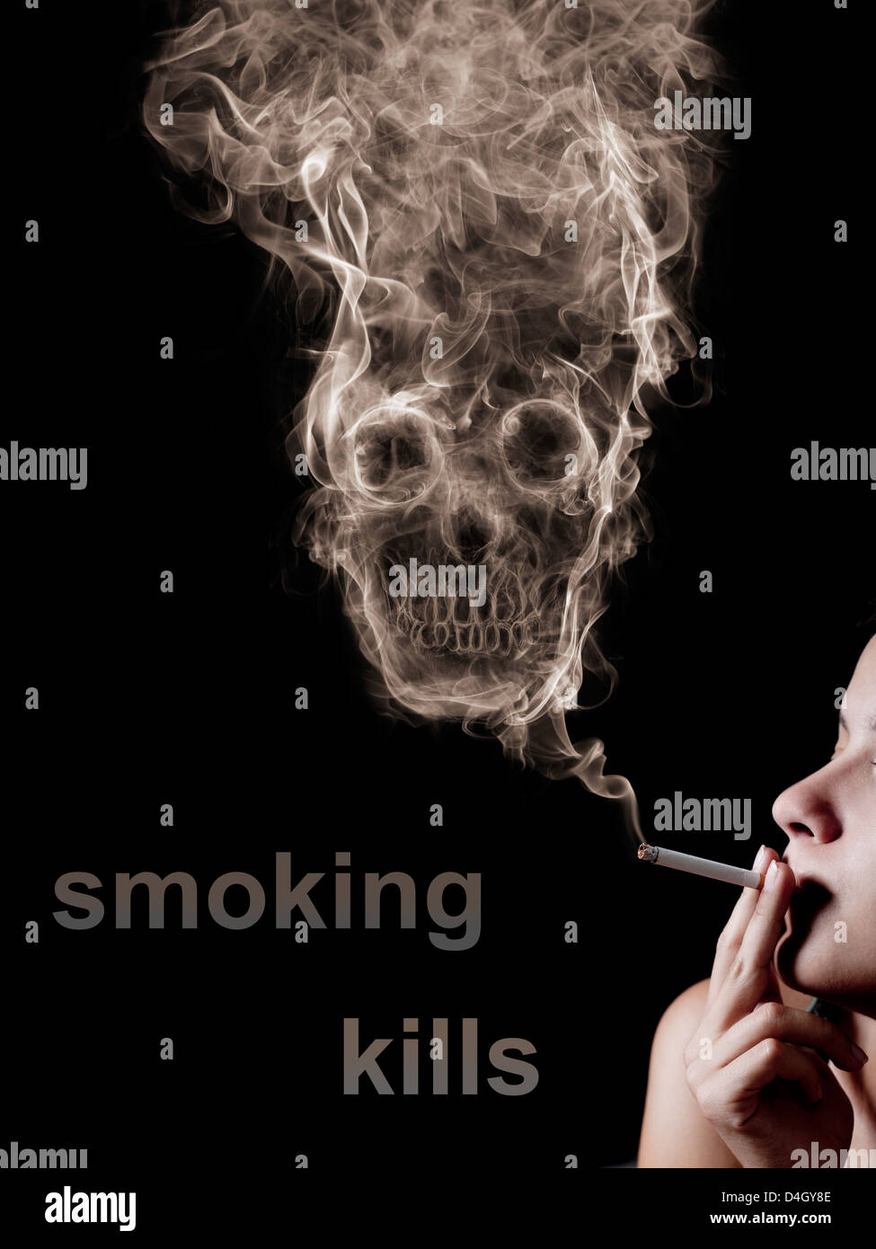 woman smoking a cigarette. Of smoke formed skull dead, as a symbol of the  dangers of smoking to health and imminent death Stock Photo