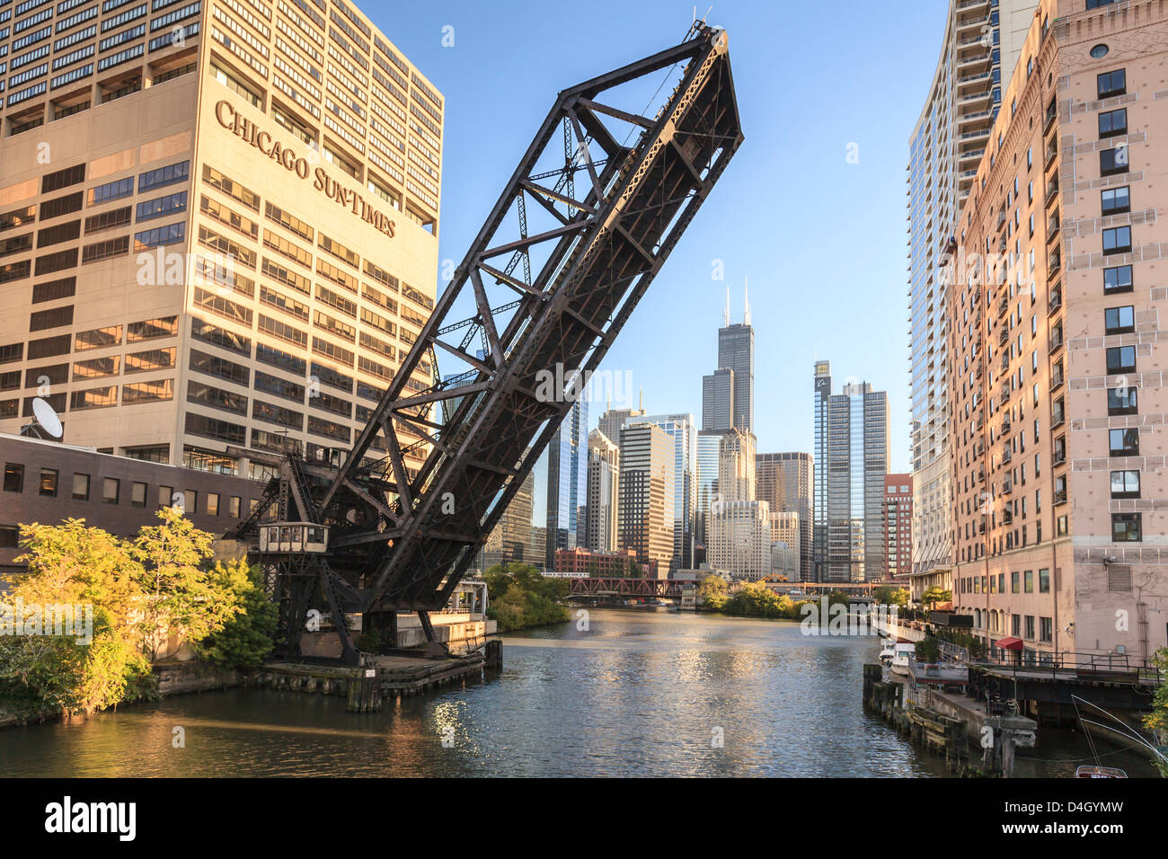 Chicago River and the West Loop area, Willis Tower, Chicago, Illinois, USA Stock Photo