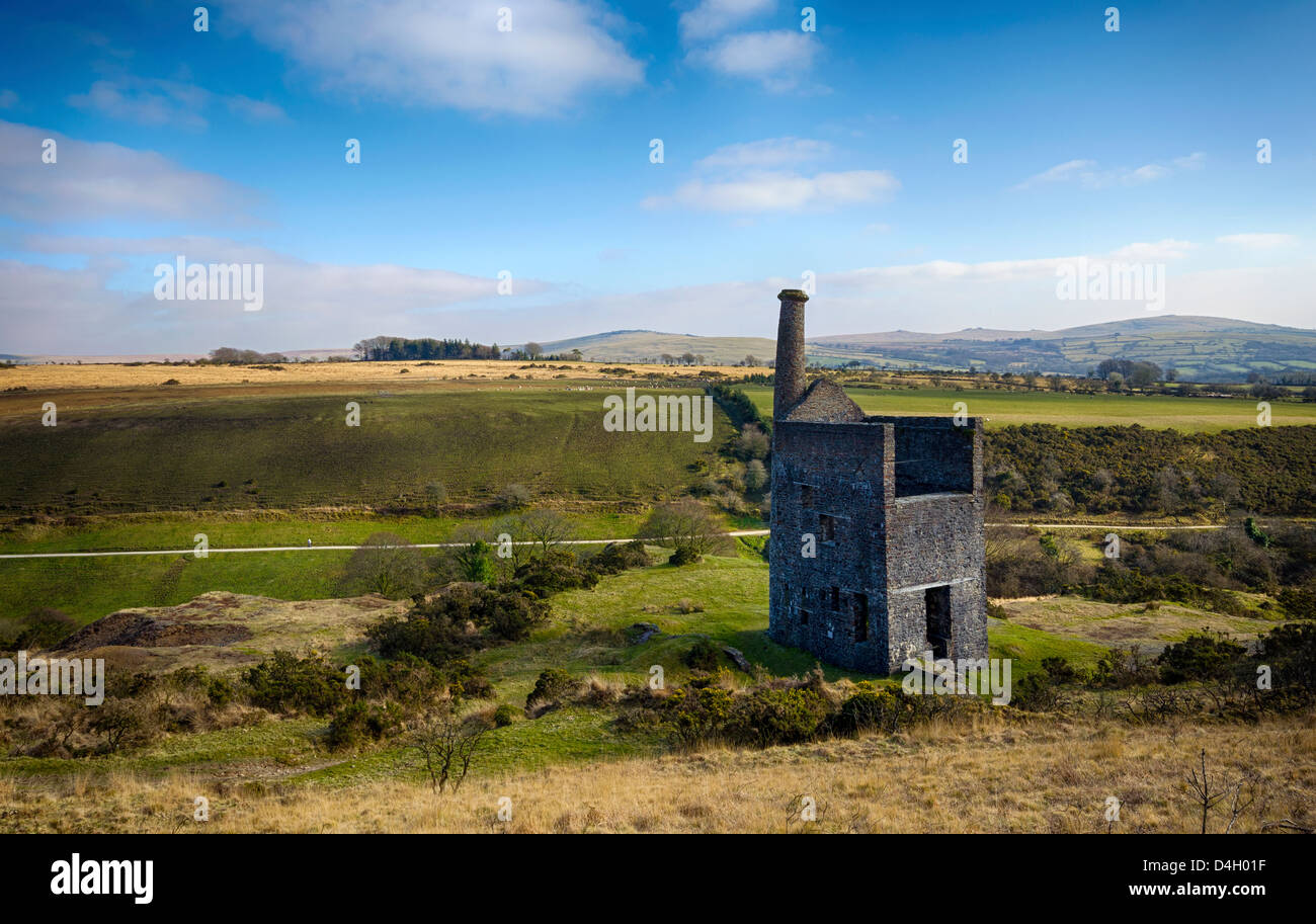 The ruins of Wheal Betsy Engine House near Mary Tavy in Devon with its leaning chimney Stock Photo