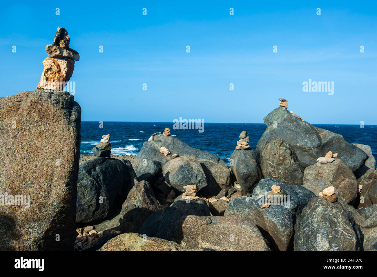Stone set up on shore, Aruba, ABC Islands, Netherlands Antilles, Caribbean Stock Photo