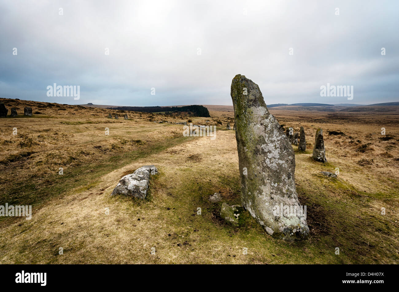 Standing stones at Scorhill stone circle on Dartmoor, also known as Gidleigh Stone Circle or Steep Hill Stone Circle. Stock Photo