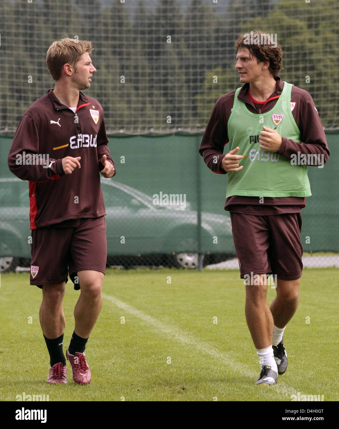 Thomas Hitzlsperger L And Mario Gomez Of Bundesliga Club Vfb Stuttgart Shown In Action During A Training Session At The Club S Training Camp In Going Austria 24 July 2008 Photo Roland Muehlanger