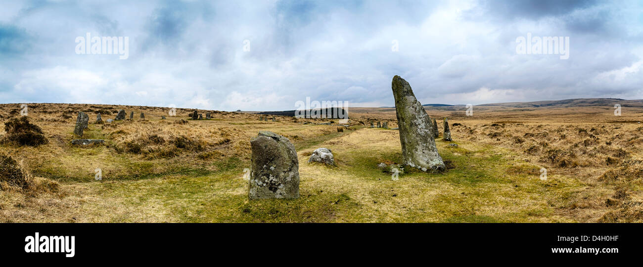 The Scorhill Stone Circle in Dartmoor National Park in Devon, also known as Gidleigh Stone Circle or Steep Hill Stone Circle Stock Photo