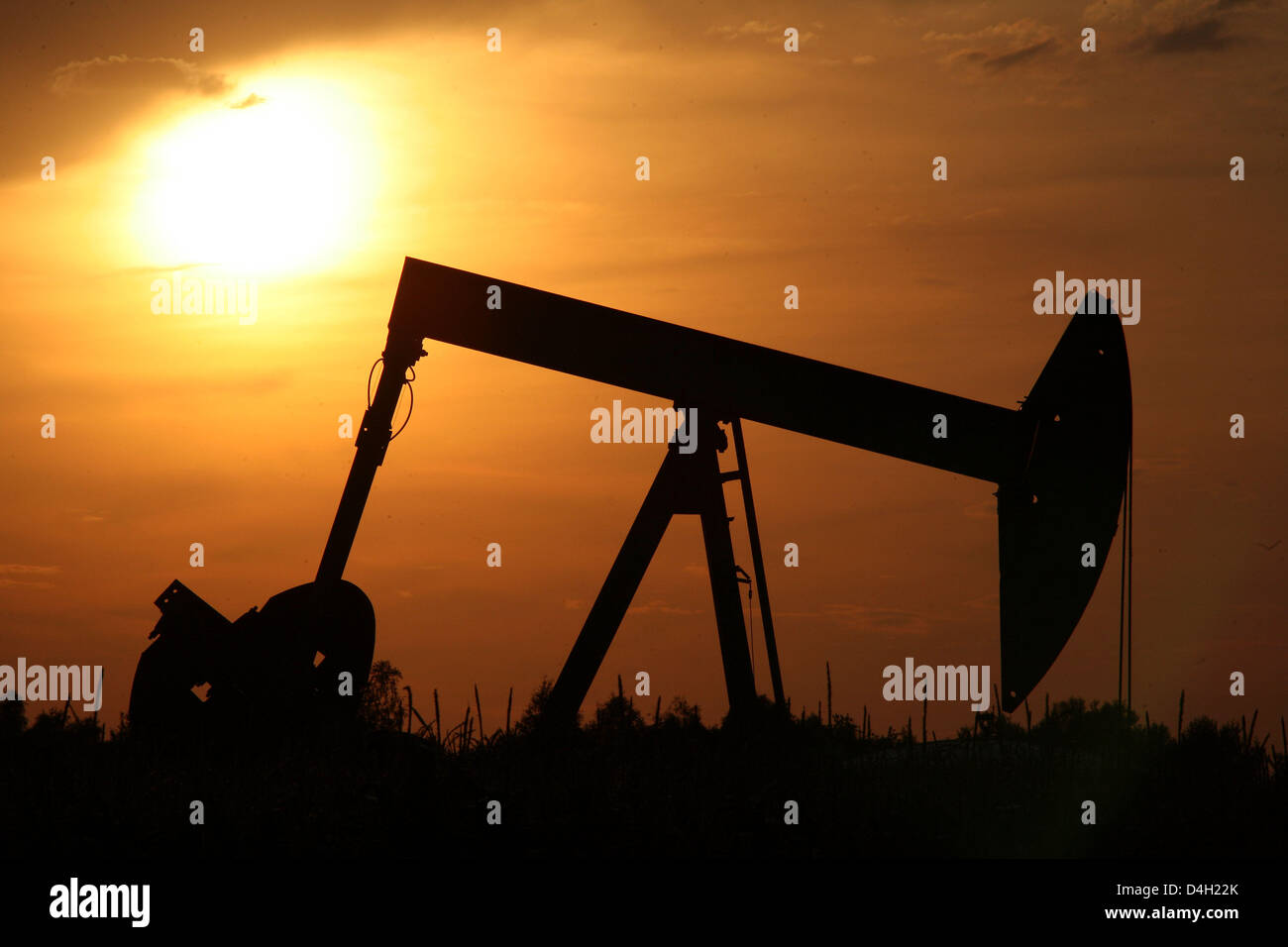 The sun sets behind a pumpjack-type oil pump near Emlichheim, County Bentheim, Germany, 28 July 2008. Since 60 years Kassel-based energy provider 'Wintershall' has been producing oil in the border region to the Netherlands. 150,000 tons of oil are conveyed per year. Photo: Uwe Zucchi Stock Photo