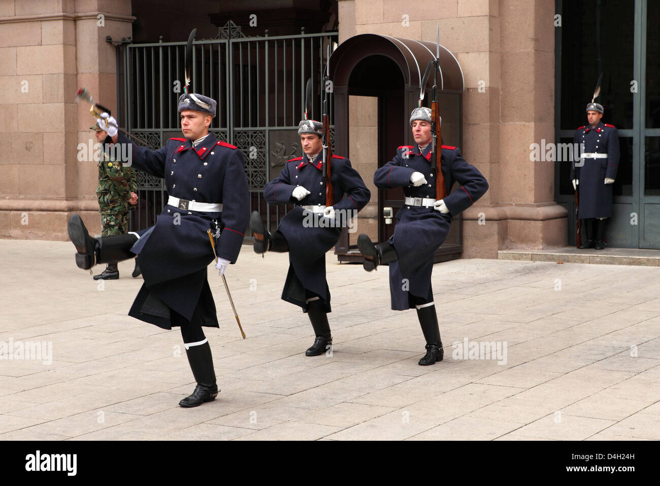 Soldiers participate in the ceremonial changing of the guards at the Presidential Palace, Sofia, Bulgaria Stock Photo
