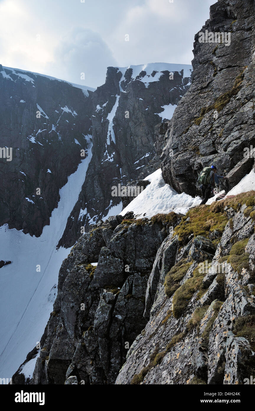 Climber on the Eastern Traverse of Tower Ridge on Ben Nevis, a popular