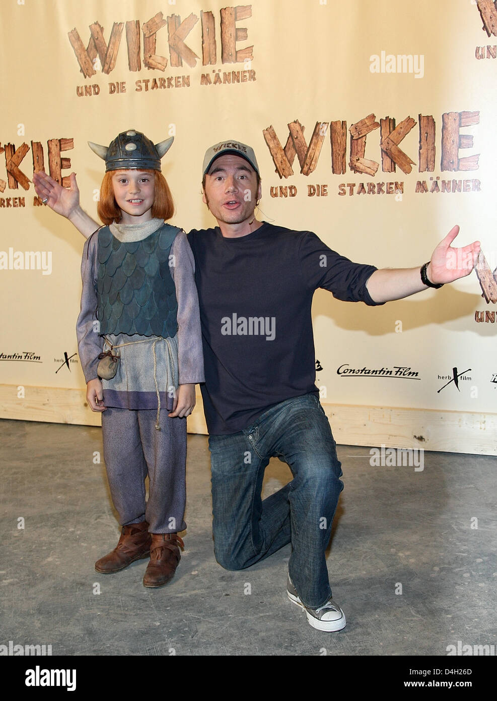 Actor Jonas Haemmerle (L) and director Michael Bully Herbig pose during a photo call at a film studio in Munich, Germany, 31 July 2008. Haemmerle stars as Viking boy 'Wickie' in the motion picture 'Wickie und die starken Maenner' ('Vicky the Viking') directed by Michael Bully Herbig. The movie is scheduled to kick off at German cinemas in 2009. Photo: URSUAL DUEREN Stock Photo