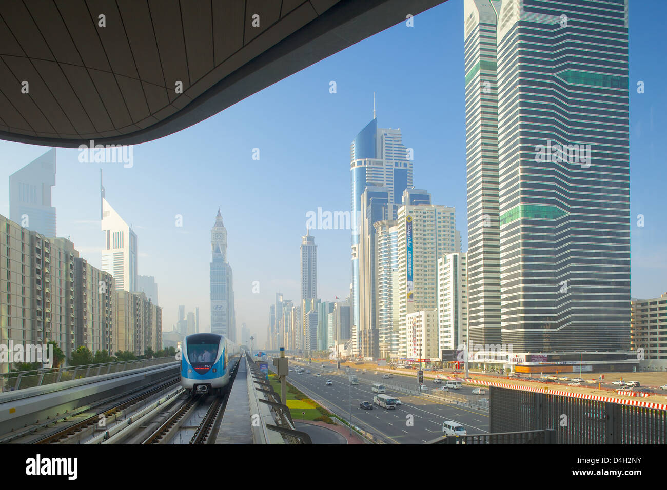 Metro and skyscrapers on Sheikh Zayed Road, Dubai, United Arab Emirates, Middle East Stock Photo