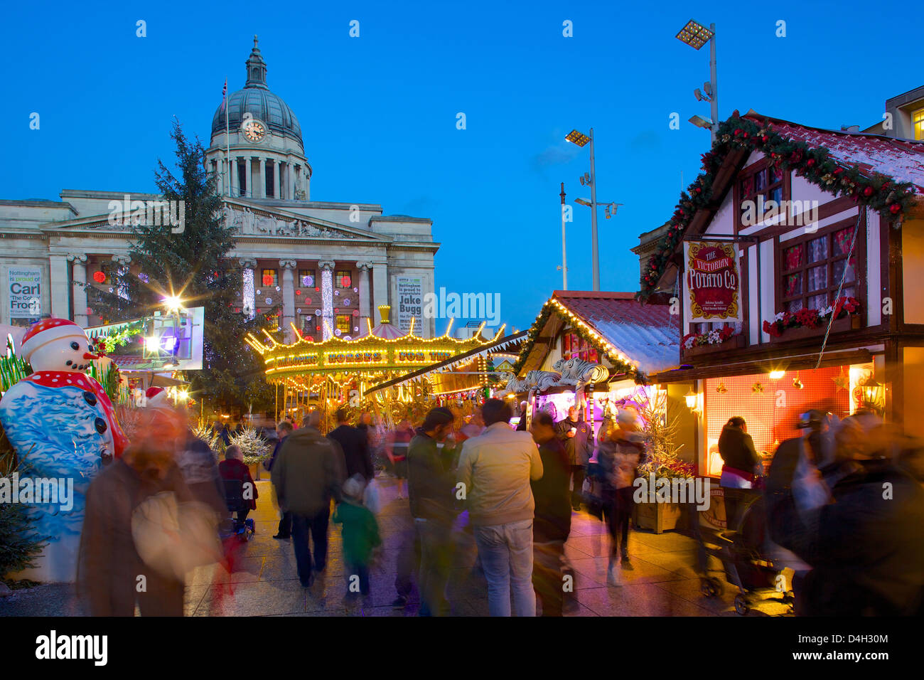 Council House, Christmas Market and carousel, Market Square, Nottingham, Nottinghamshire, England, UK Stock Photo